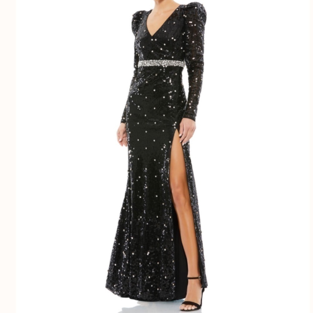 MAC DUGGAL Long Sleeve V-Neck Cocktail Black Formal Long Gown • size 10